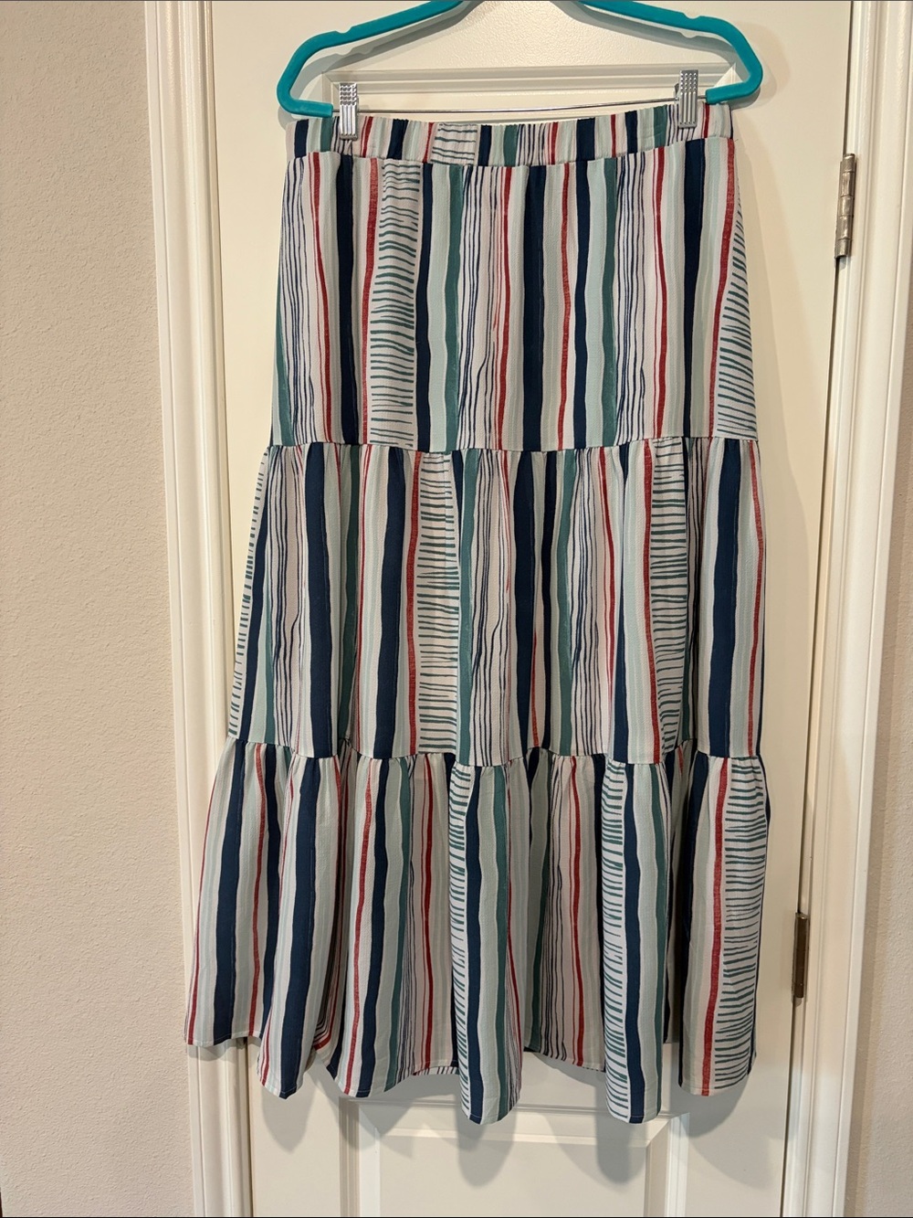 Lane Bryant Striped Tiered Maxi Skirt - Blue, Green, Red, White